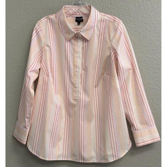 Talbots Petite XP Popover Blouse Long Sleeves Peach Metallic Stripes Shirt - Picture 1 of 10